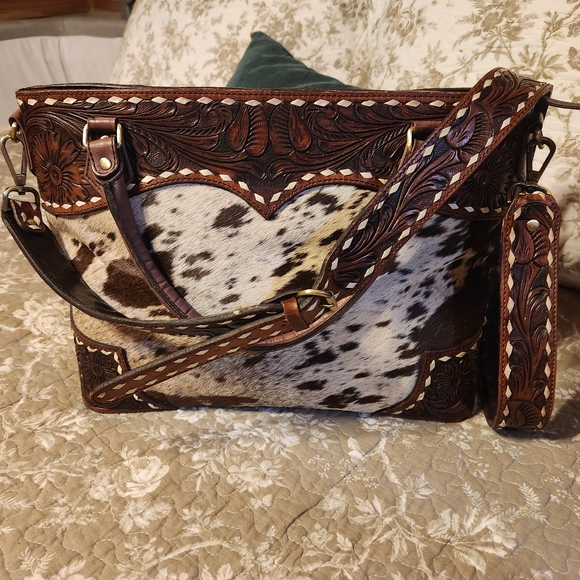 American Darling Scalloped Tooled Leather Buckstitch Cowhide Tote